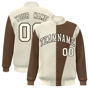 Custom Cream Brown Color Block Varsity Full-Snap Bomber Jacket