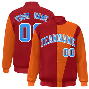 Custom Red Orange-Powder Blue Color Block Varsity Full-Snap Bomber Jacket