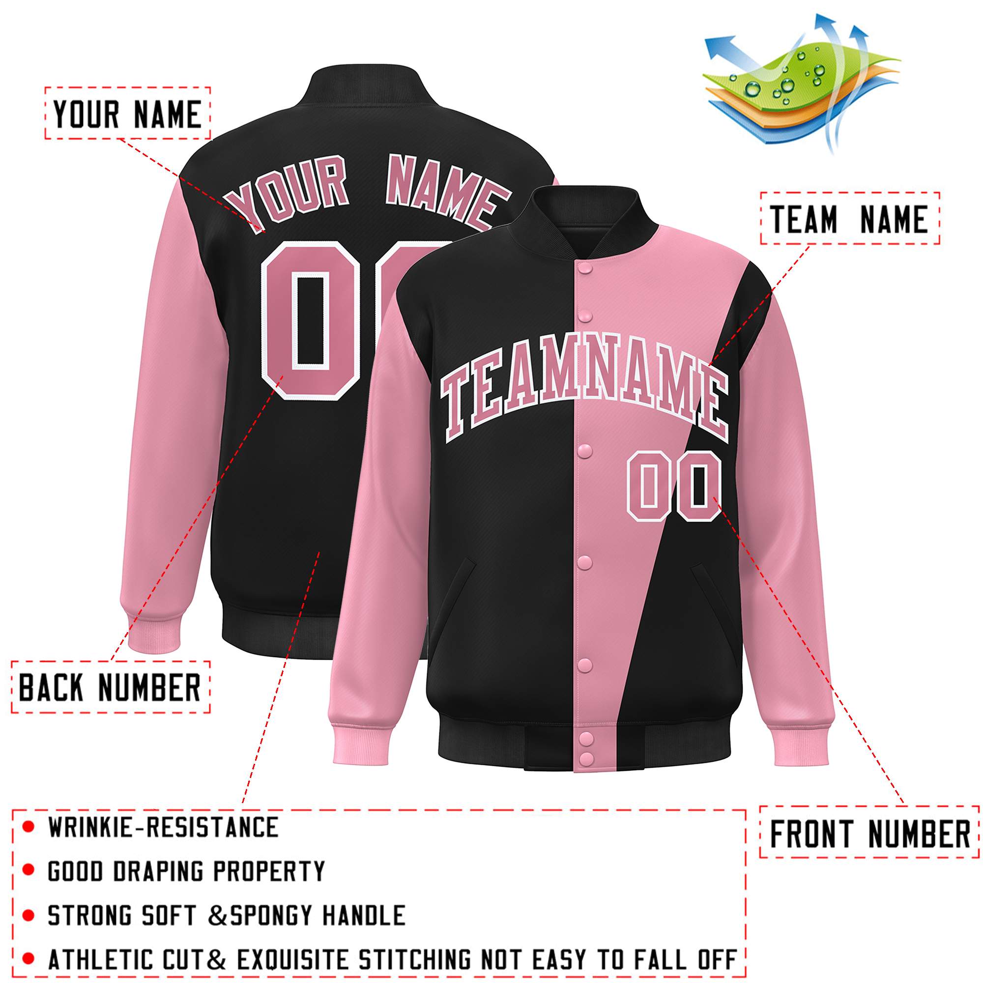 Custom Black Pink-White Color Block Varsity Full-Snap Bomber Jacket