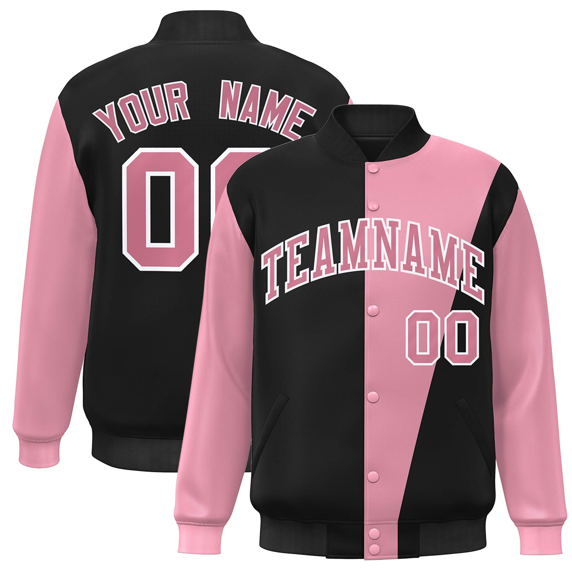 Custom Black Pink-White Color Block Varsity Full-Snap Bomber Jacket