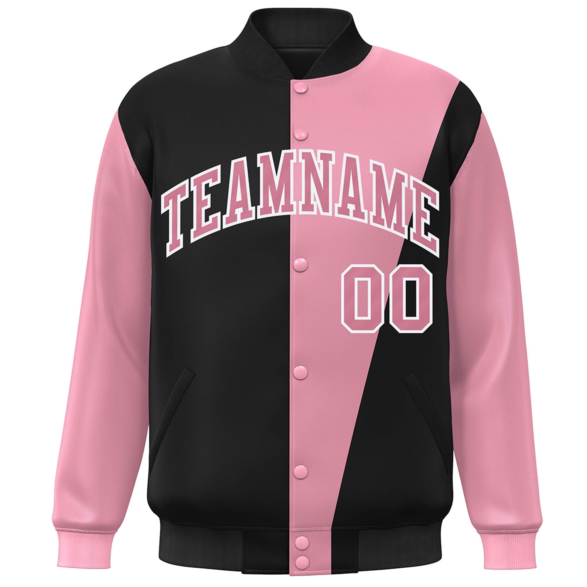 Custom Black Pink-White Color Block Varsity Full-Snap Bomber Jacket