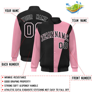 Custom Black Pink-White Color Block Varsity Full-Snap Bomber Jacket