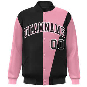 Custom Black Pink-White Color Block Varsity Full-Snap Bomber Jacket