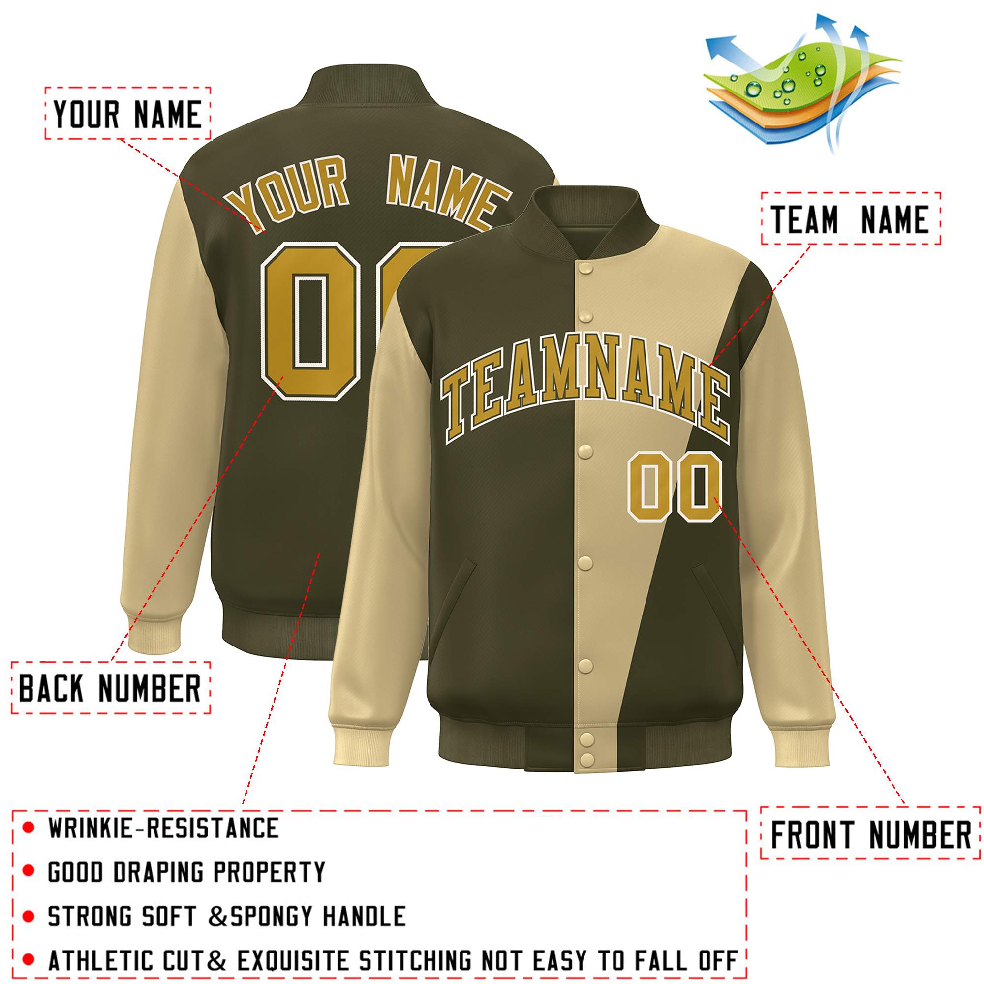 Custom Olive Khaki-Old Gold Color Block Varsity Full-Snap Bomber Jacket