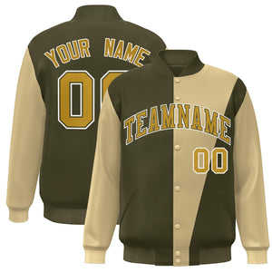 Custom Olive Khaki-Old Gold Color Block Varsity Full-Snap Bomber Jacket