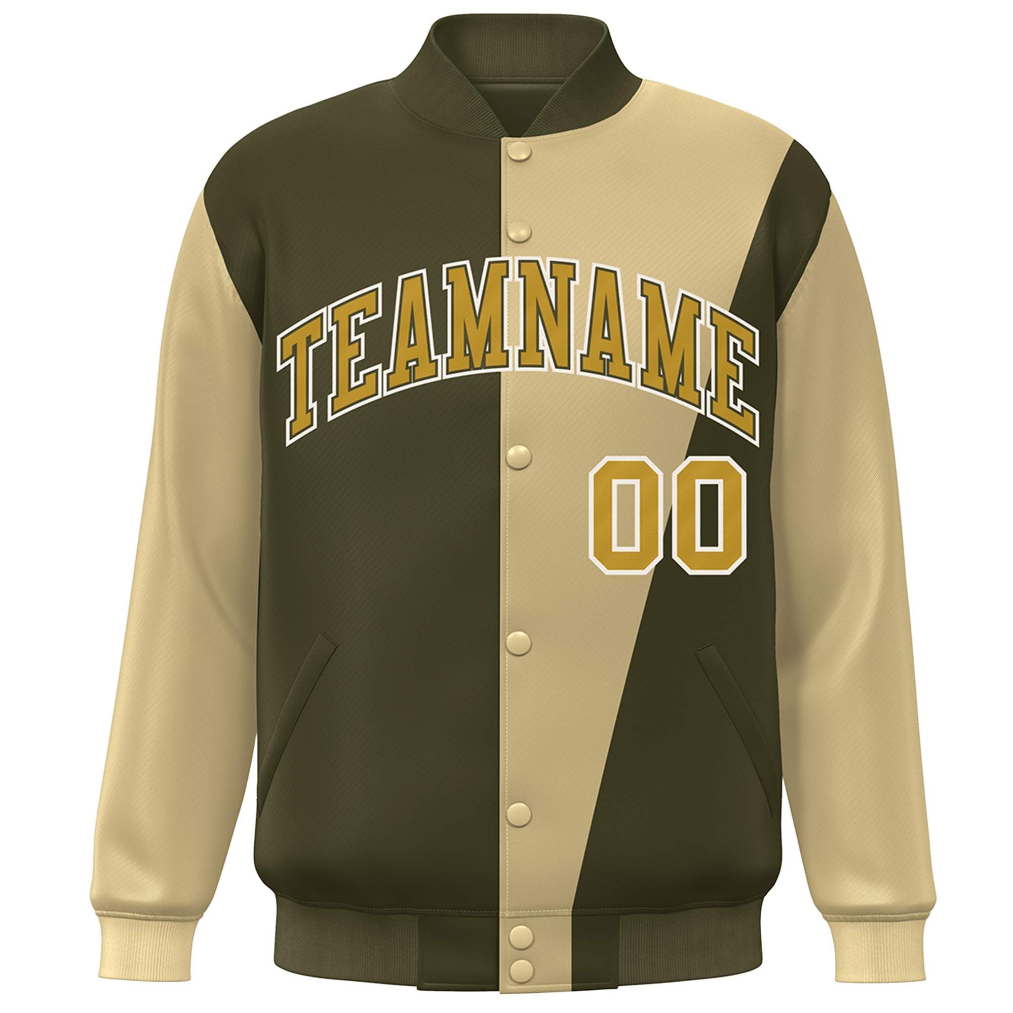 Custom Olive Khaki-Old Gold Color Block Varsity Full-Snap Bomber Jacket