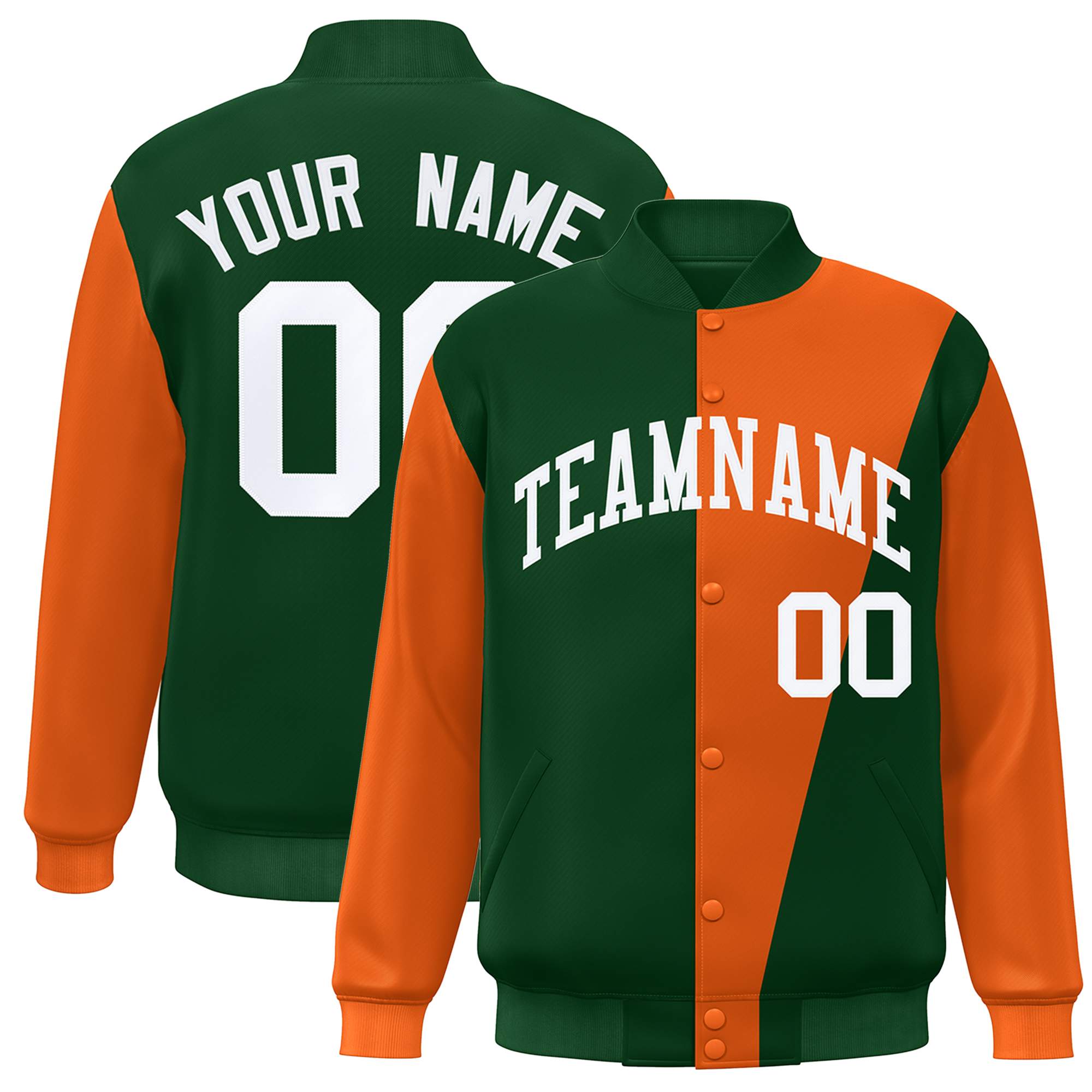 Custom Green Orange-White Color Block Varsity Full-Snap Bomber Jacket