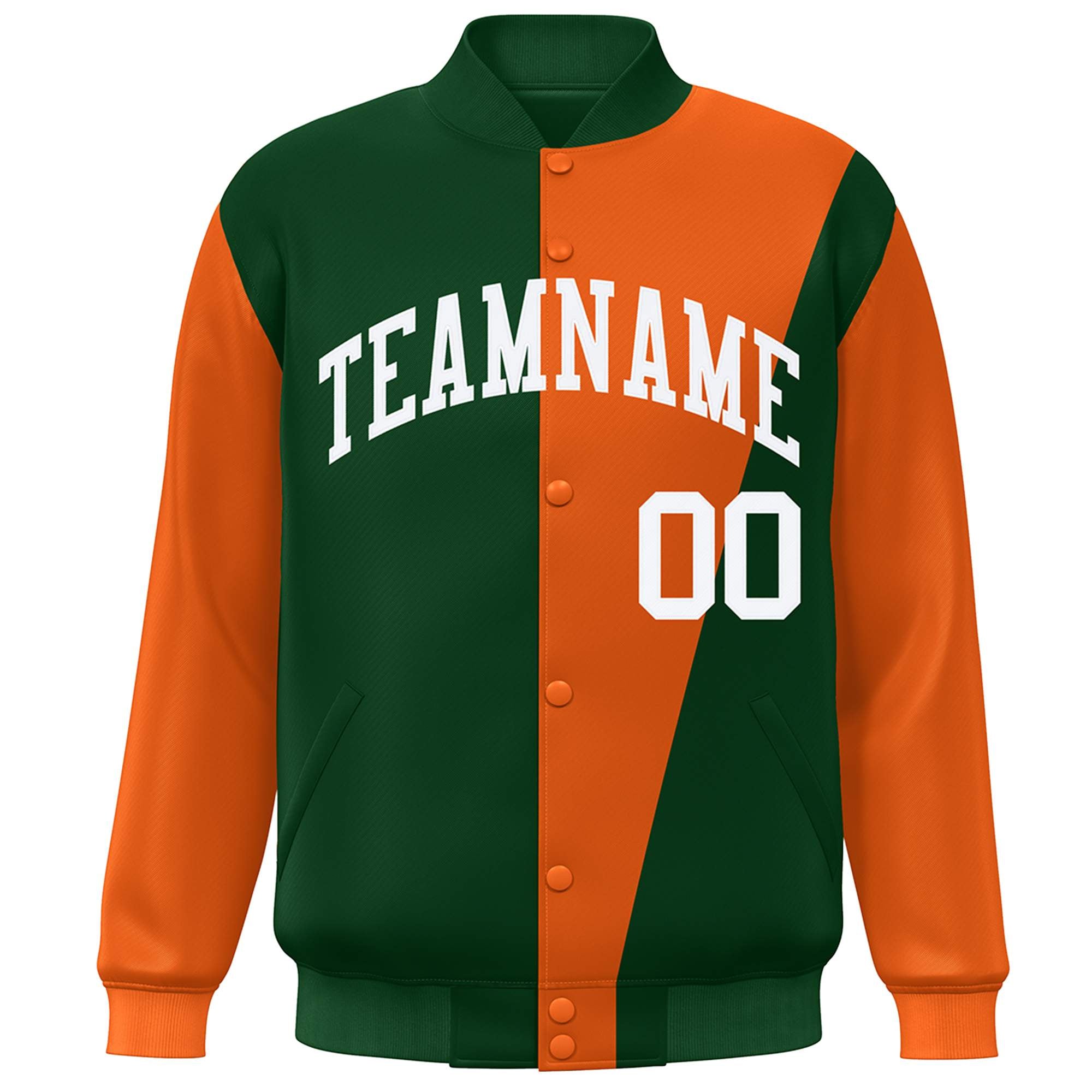 Custom Green Orange-White Color Block Varsity Full-Snap Bomber Jacket