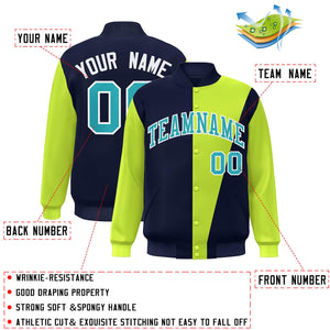 Custom Navy Neon Green-Aqua Color Block Varsity Full-Snap Bomber Jacket