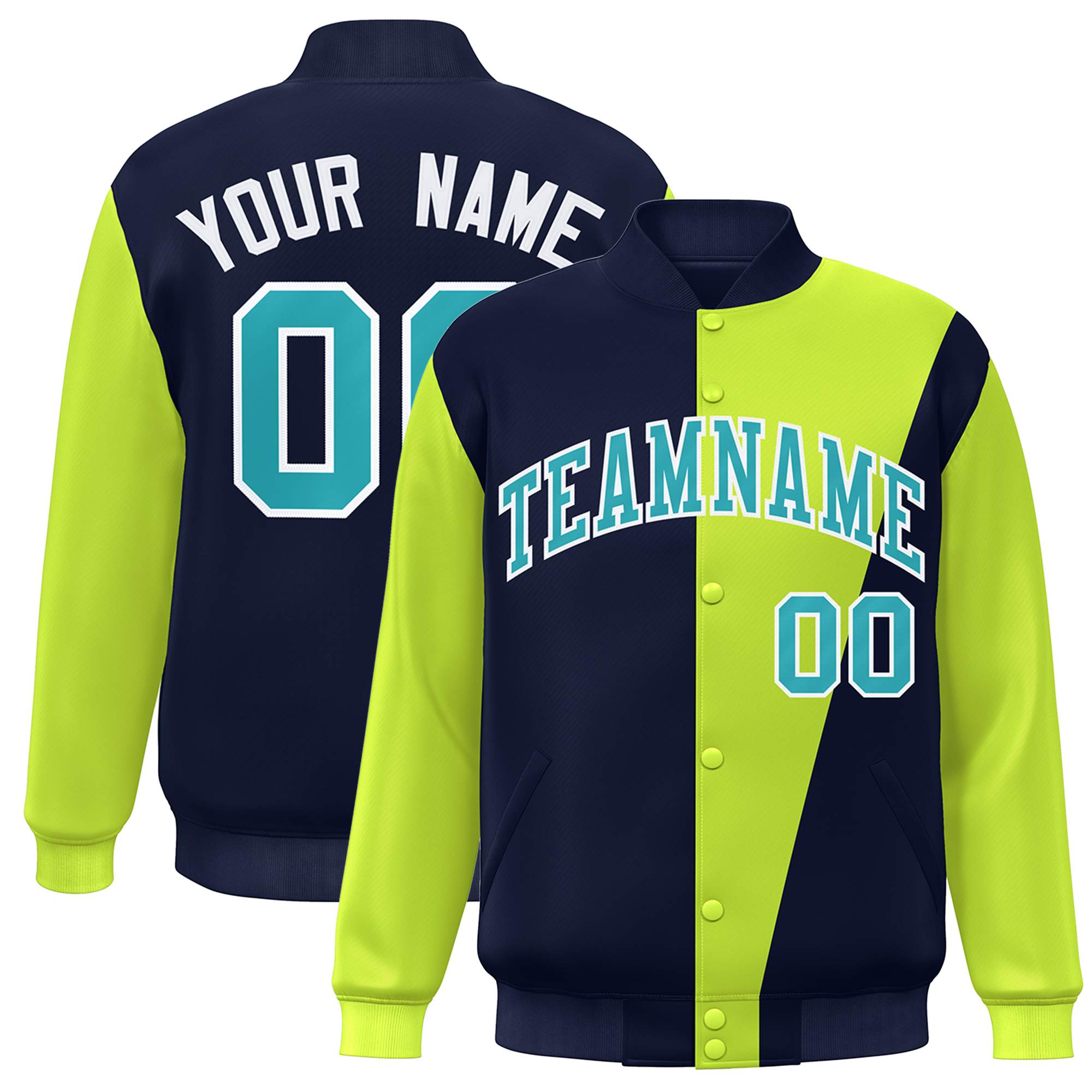 Custom Navy Neon Green-Aqua Color Block Varsity Full-Snap Bomber Jacket