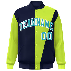 Custom Navy Neon Green-Aqua Color Block Varsity Full-Snap Bomber Jacket