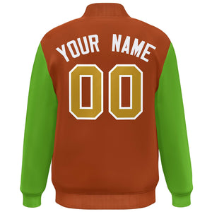 Custom Orange Green-Old Gold Color Block Varsity Full-Snap Bomber Jacket