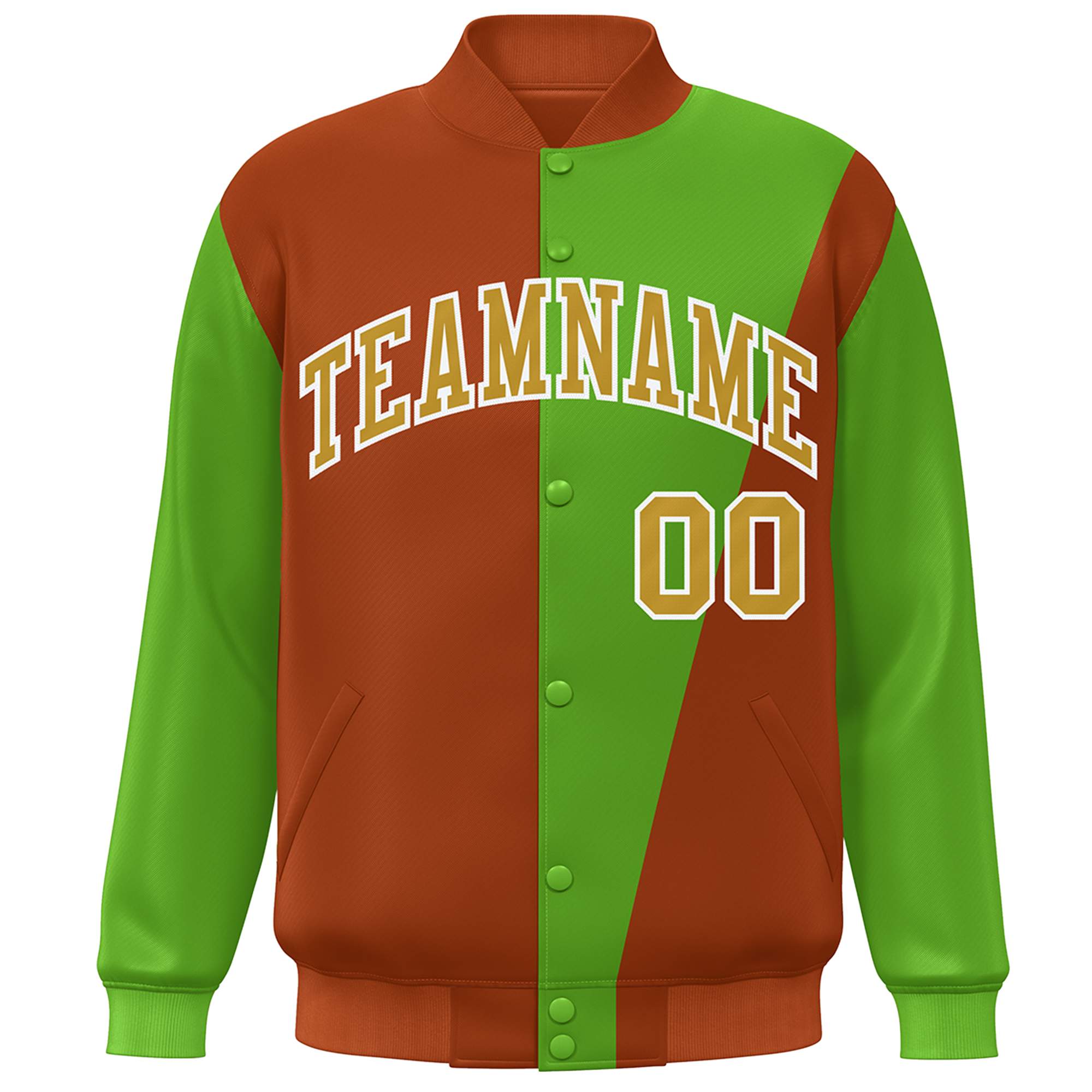 Custom Orange Green-Old Gold Color Block Varsity Full-Snap Bomber Jacket