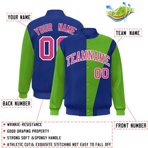 Custom Royal Green-Pink Color Block Varsity Full-Snap Bomber Jacket