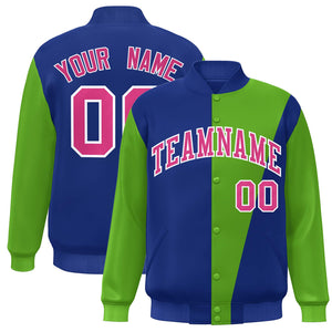 Custom Royal Green-Pink Color Block Varsity Full-Snap Bomber Jacket