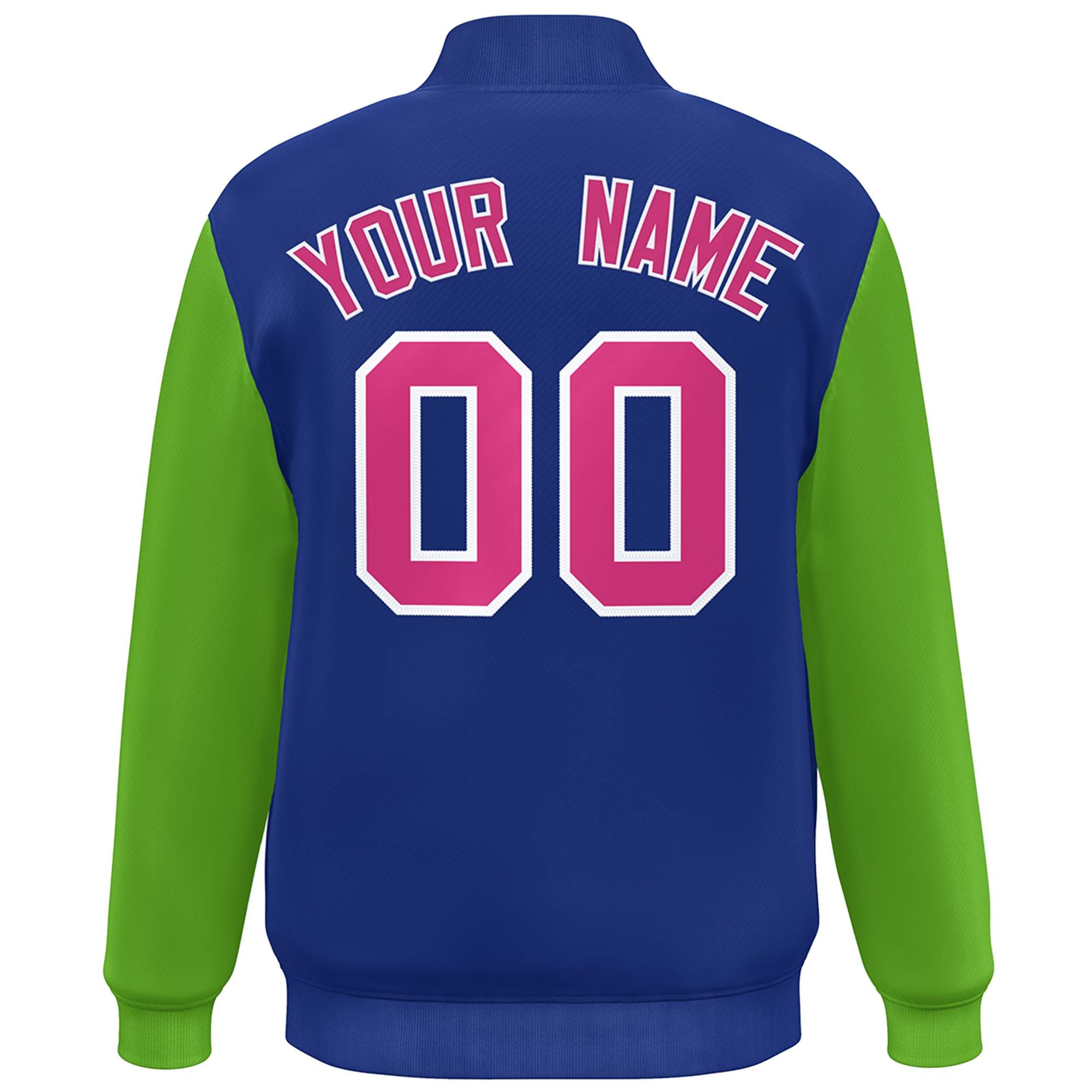 Custom Royal Green-Pink Color Block Varsity Full-Snap Bomber Jacket