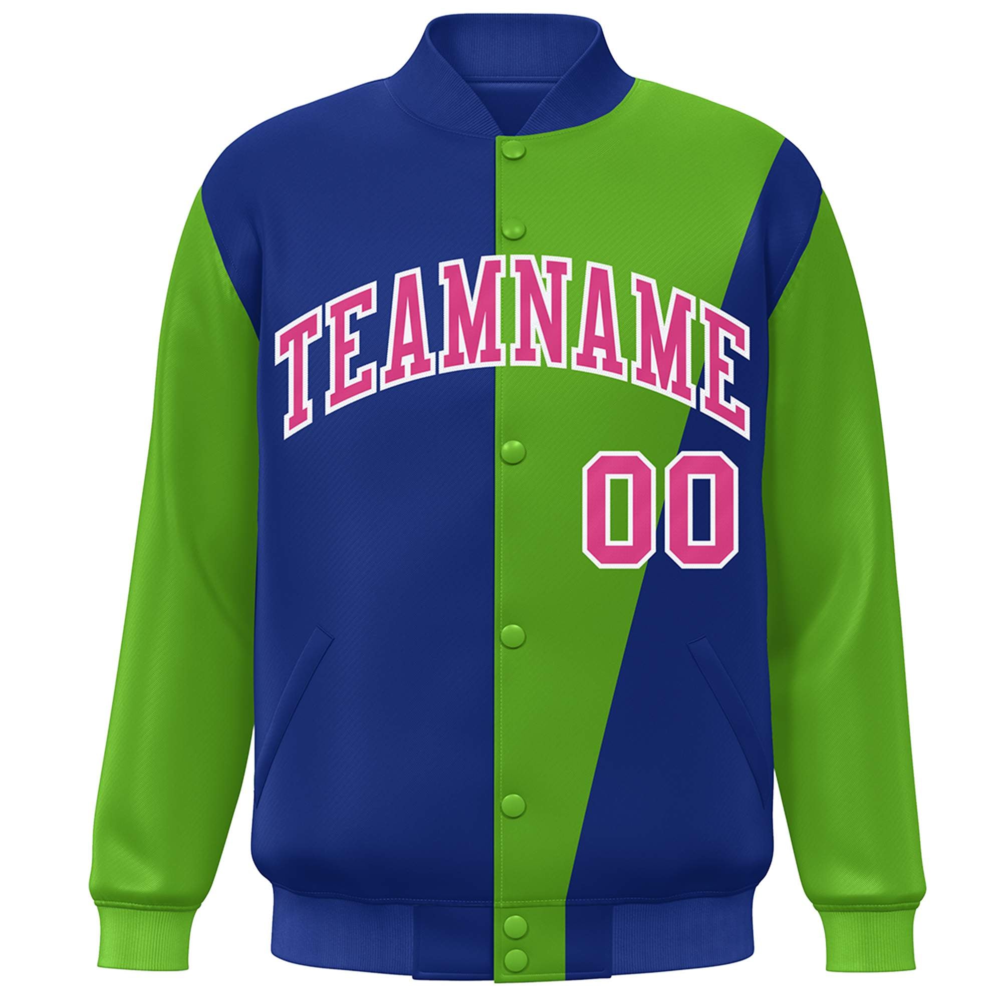 Custom Royal Green-Pink Color Block Varsity Full-Snap Bomber Jacket