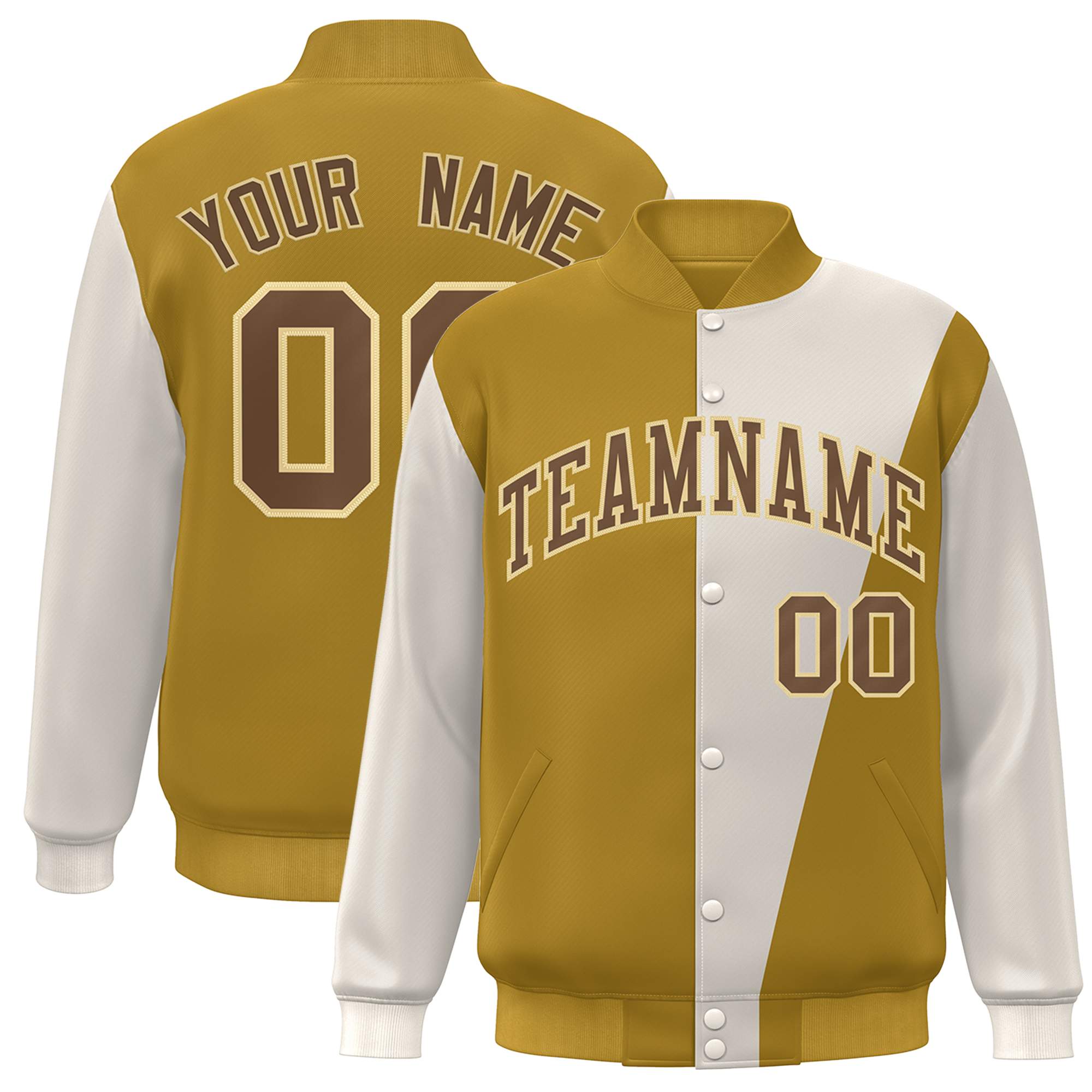 Custom Khaki Old Gold-Brown Color Block Varsity Full-Snap Bomber Jacket