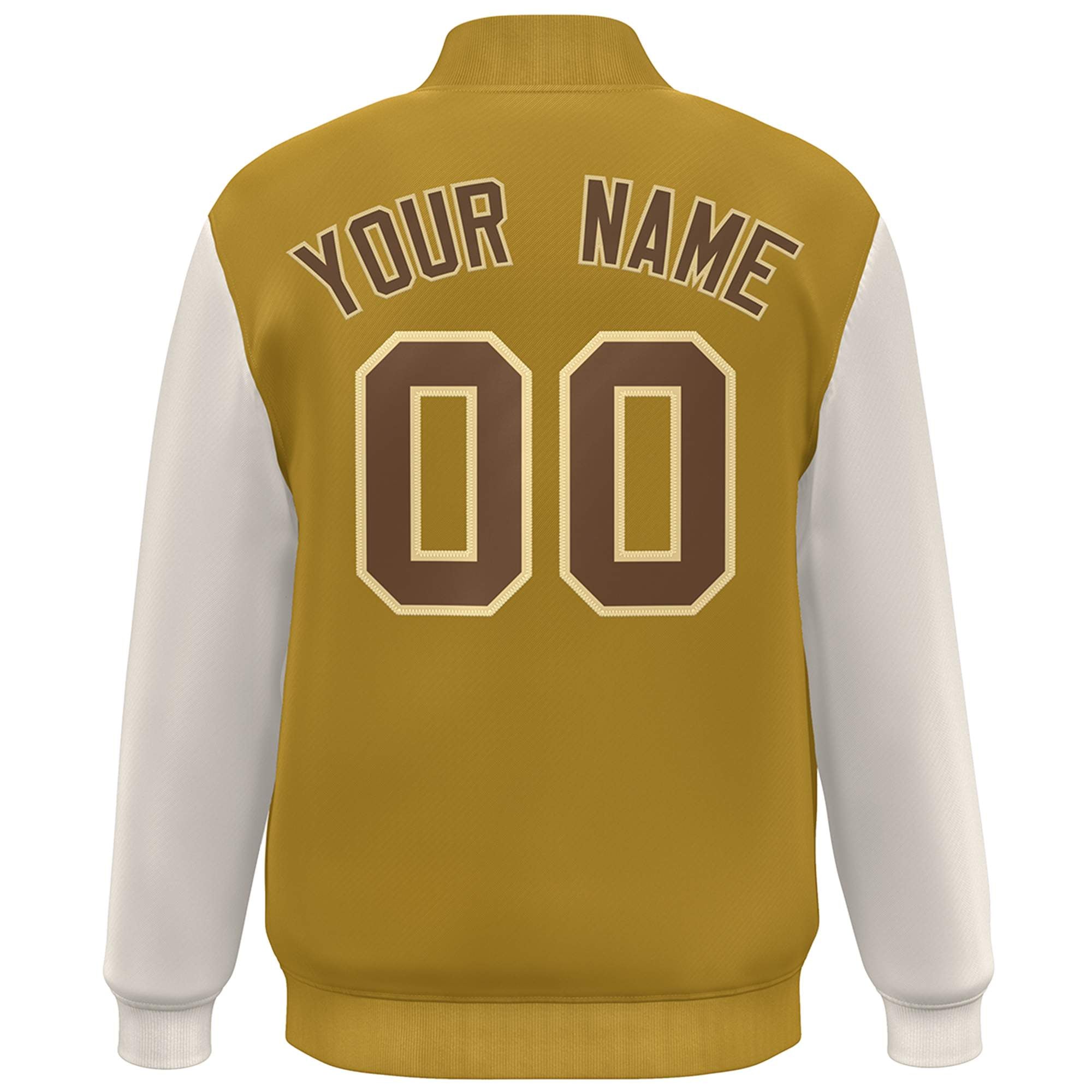 Custom Khaki Old Gold-Brown Color Block Varsity Full-Snap Bomber Jacket