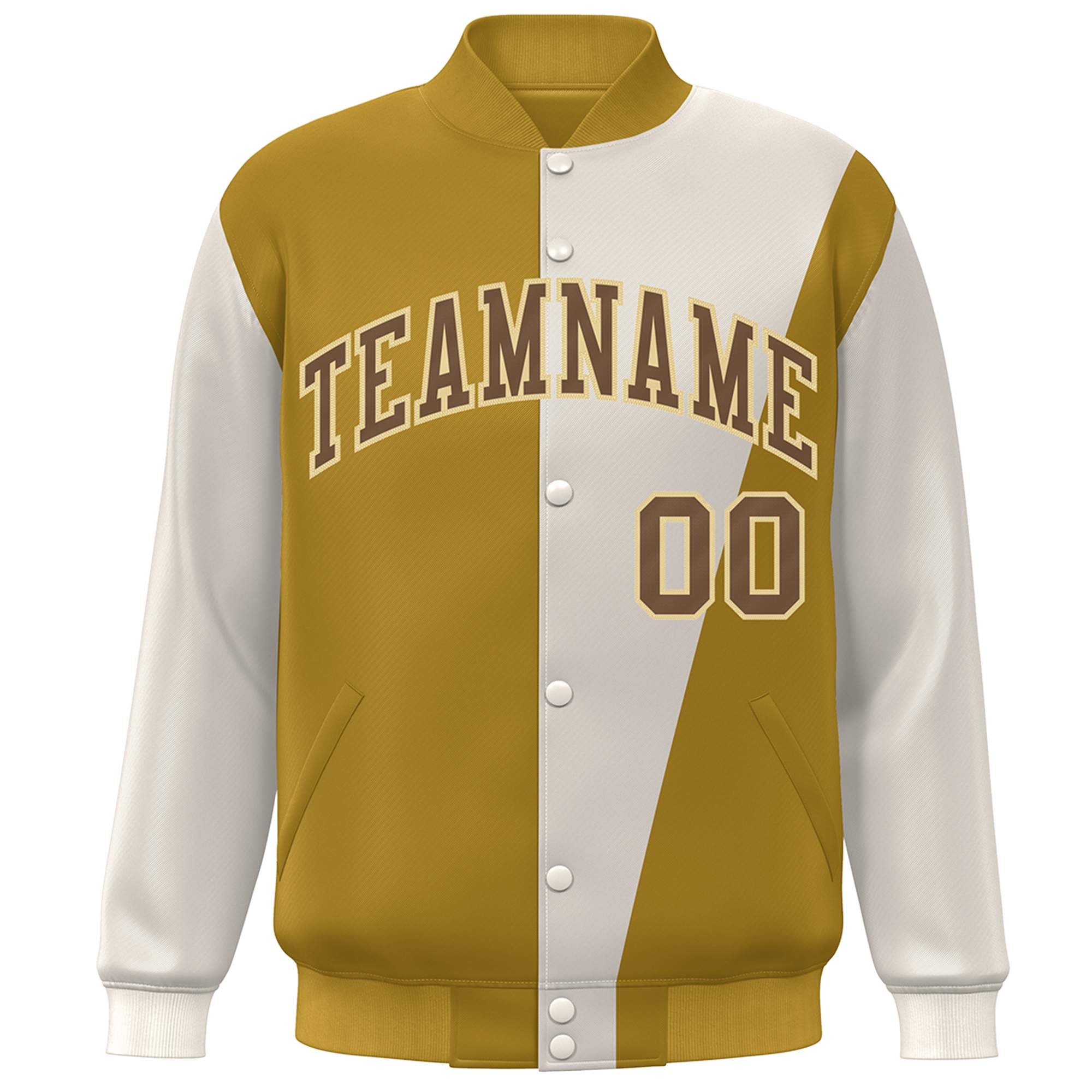 Custom Khaki Old Gold-Brown Color Block Varsity Full-Snap Bomber Jacket