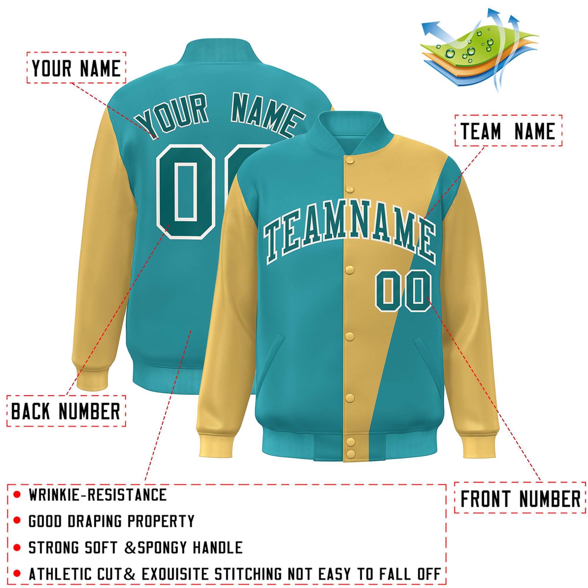 Custom Aqua Gold Color Block Varsity Full-Snap Bomber Jacket