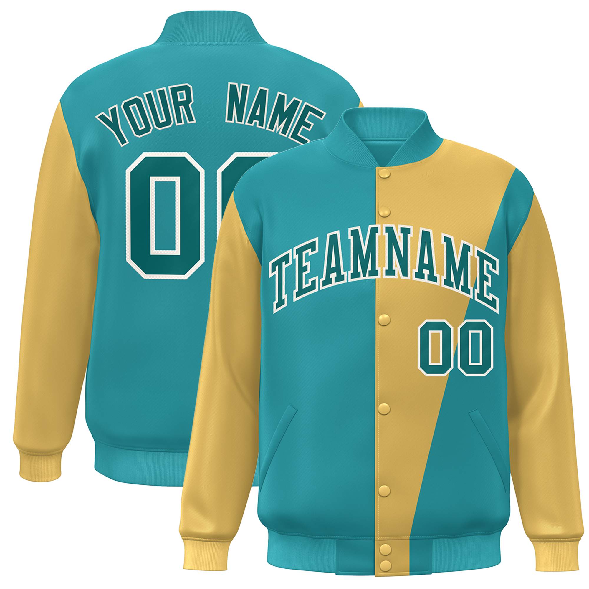 Custom Aqua Gold Color Block Varsity Full-Snap Bomber Jacket