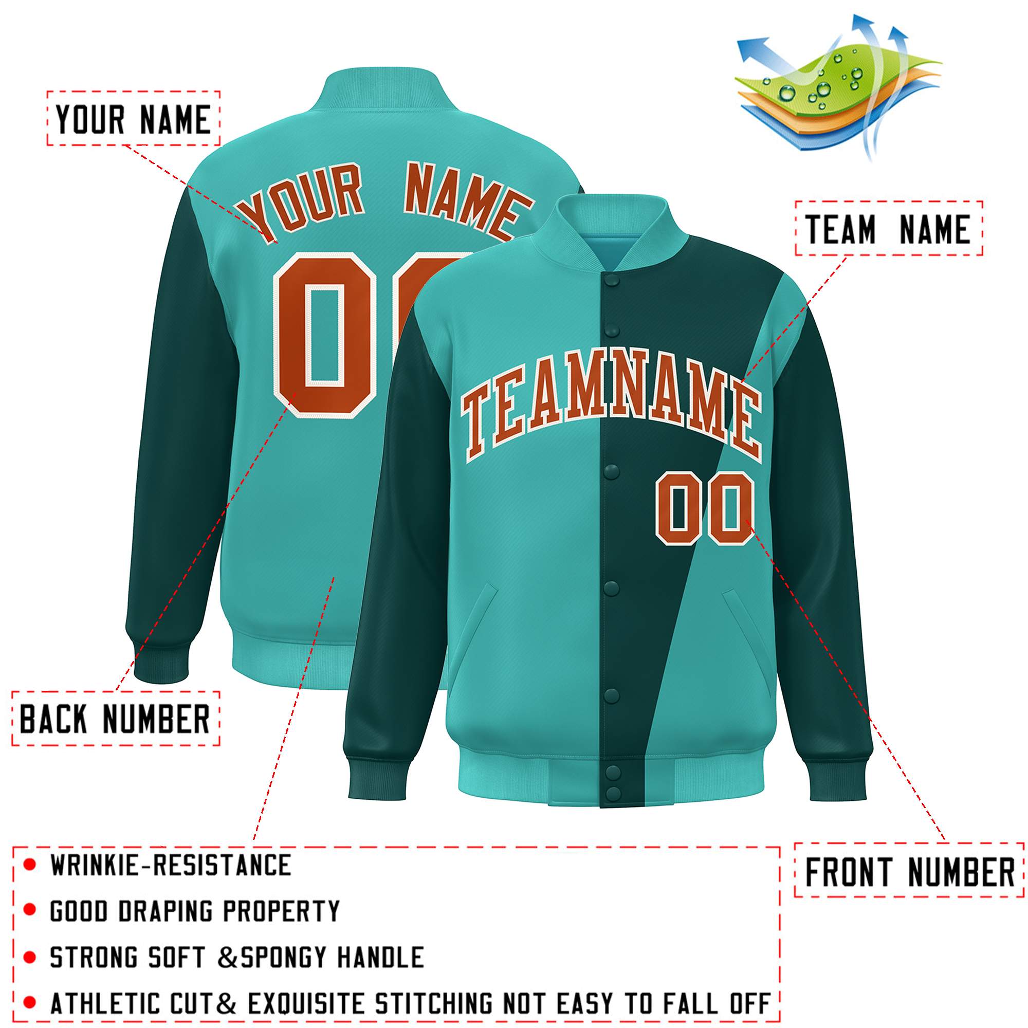 Custom Aqua Midnight Green-Orange Color Block Varsity Full-Snap Bomber Jacket