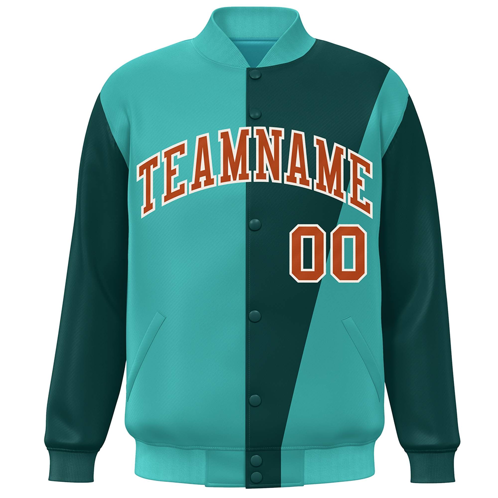 Custom Aqua Midnight Green-Orange Color Block Varsity Full-Snap Bomber Jacket