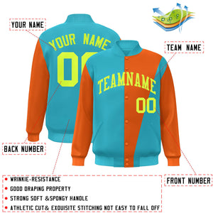 Custom Aqua Orange-Neon Green Color Block Varsity Full-Snap Bomber Jacket