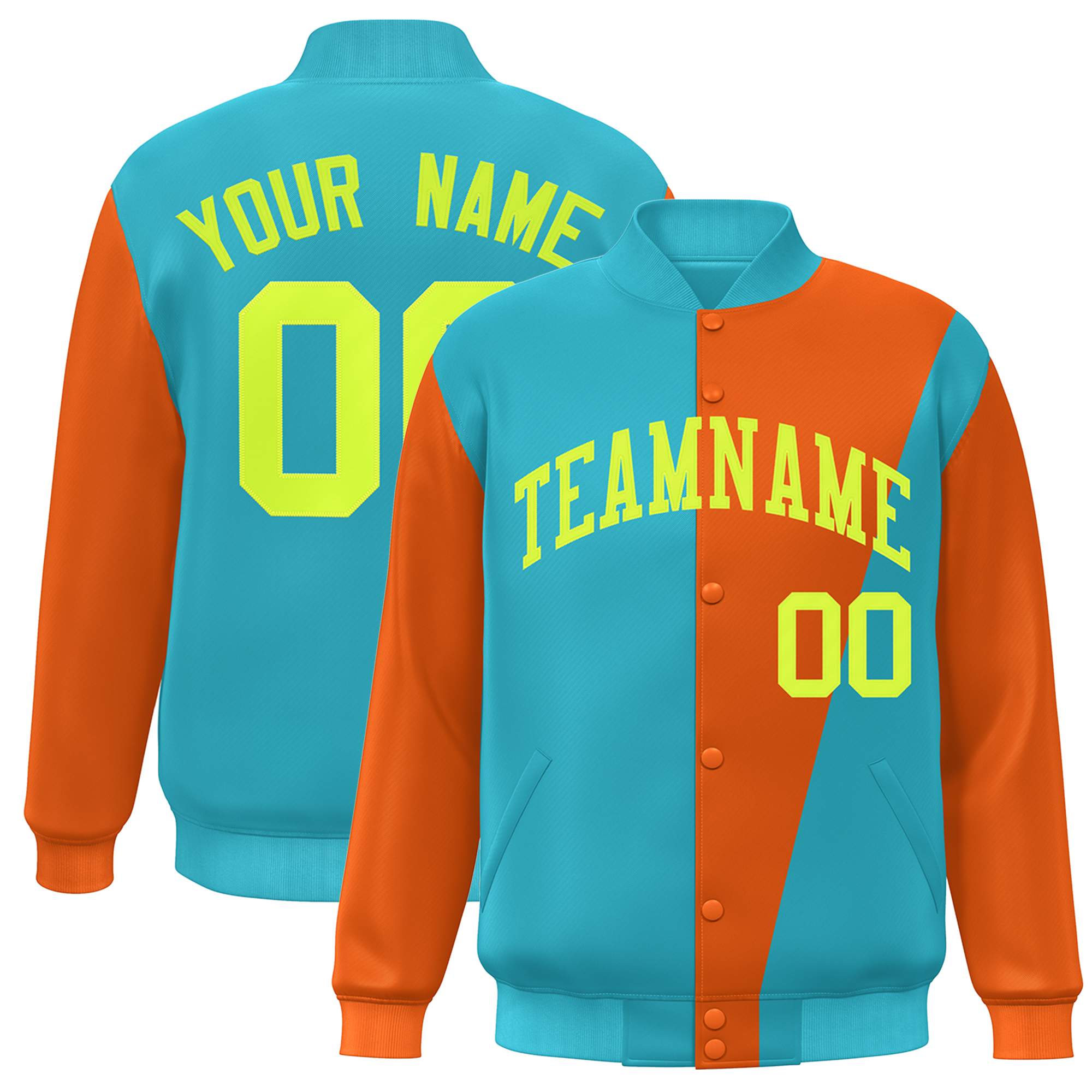 Custom Aqua Orange-Neon Green Color Block Varsity Full-Snap Bomber Jacket