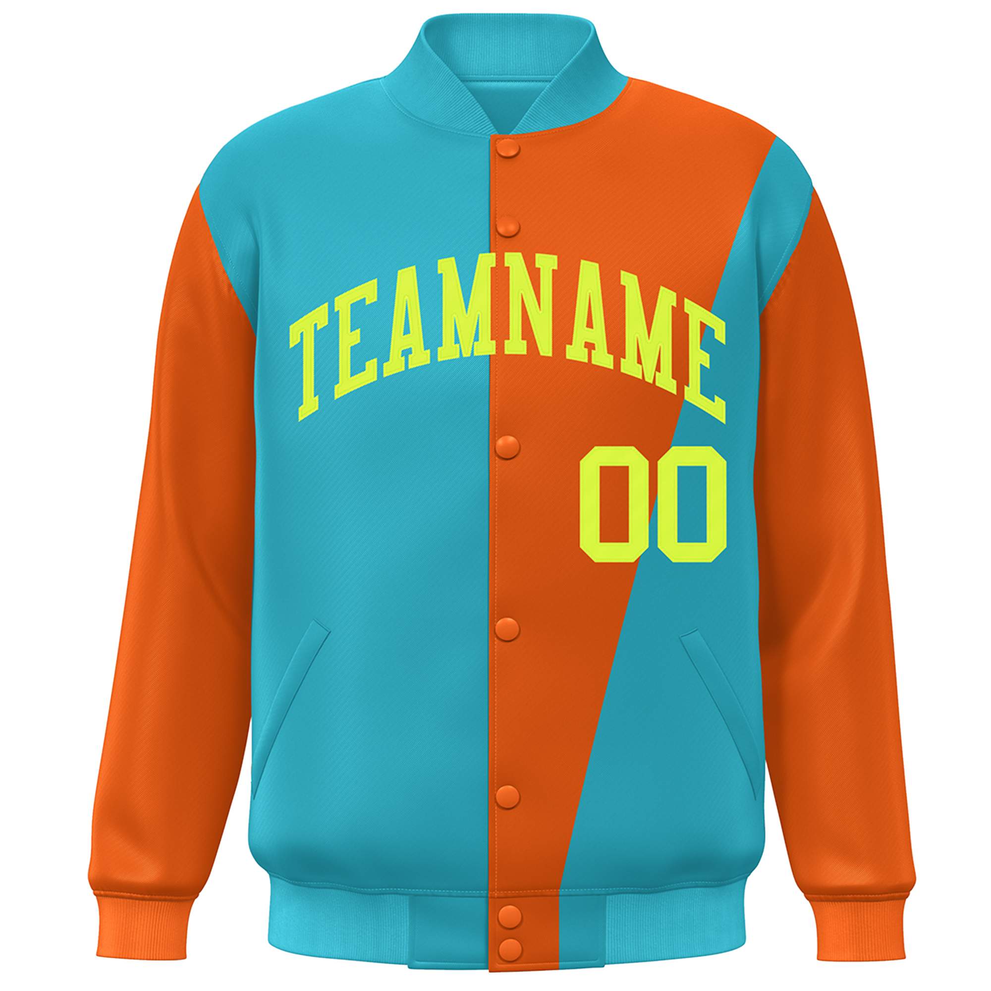 Custom Aqua Orange-Neon Green Color Block Varsity Full-Snap Bomber Jacket