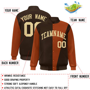 Custom Brown Orange-Khaki Color Block Varsity Full-Snap Bomber Jacket