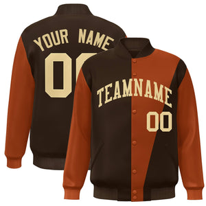 Custom Brown Orange-Khaki Color Block Varsity Full-Snap Bomber Jacket