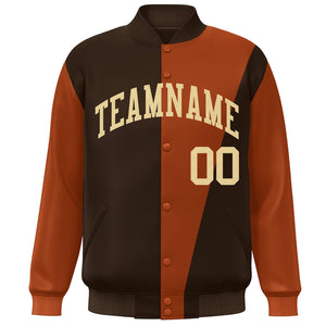 Custom Brown Orange-Khaki Color Block Varsity Full-Snap Bomber Jacket