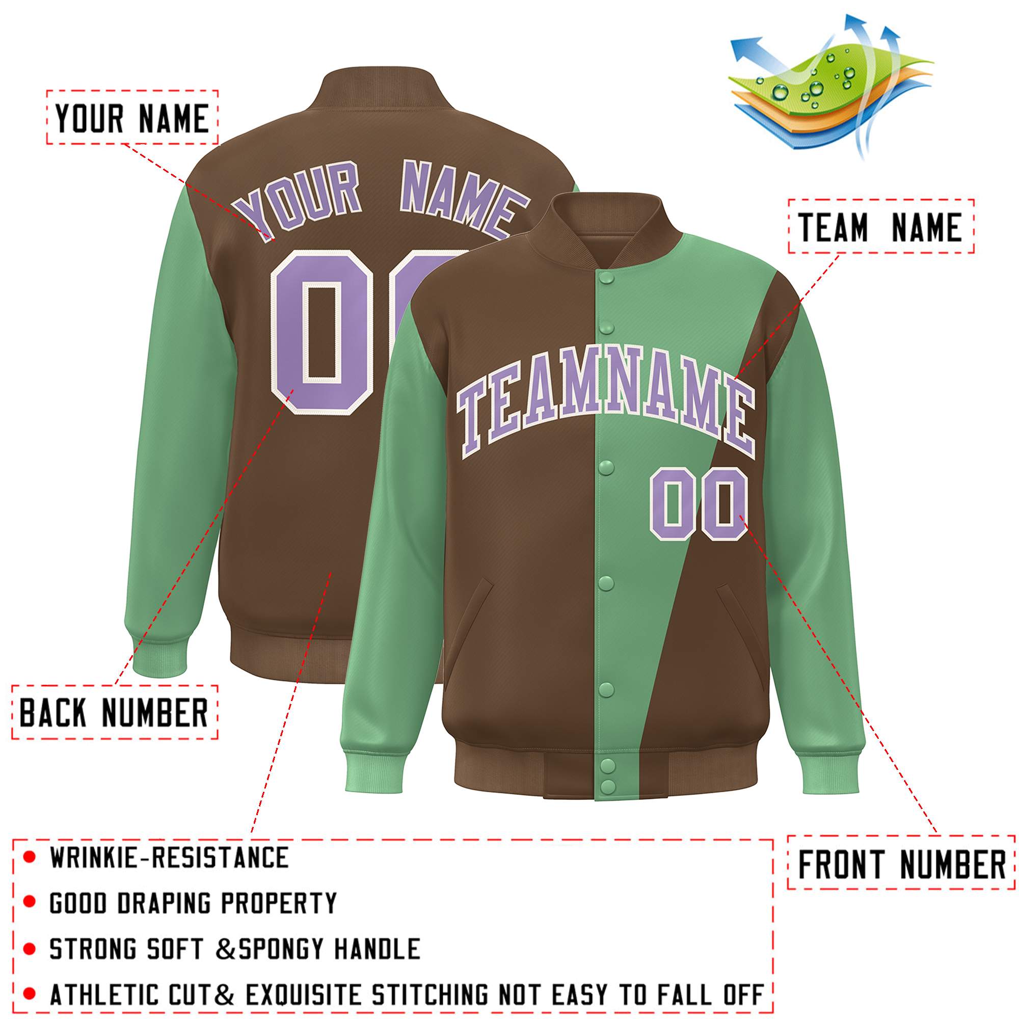 Custom Brown Green-Purple Color Block Varsity Full-Snap Bomber Jacket