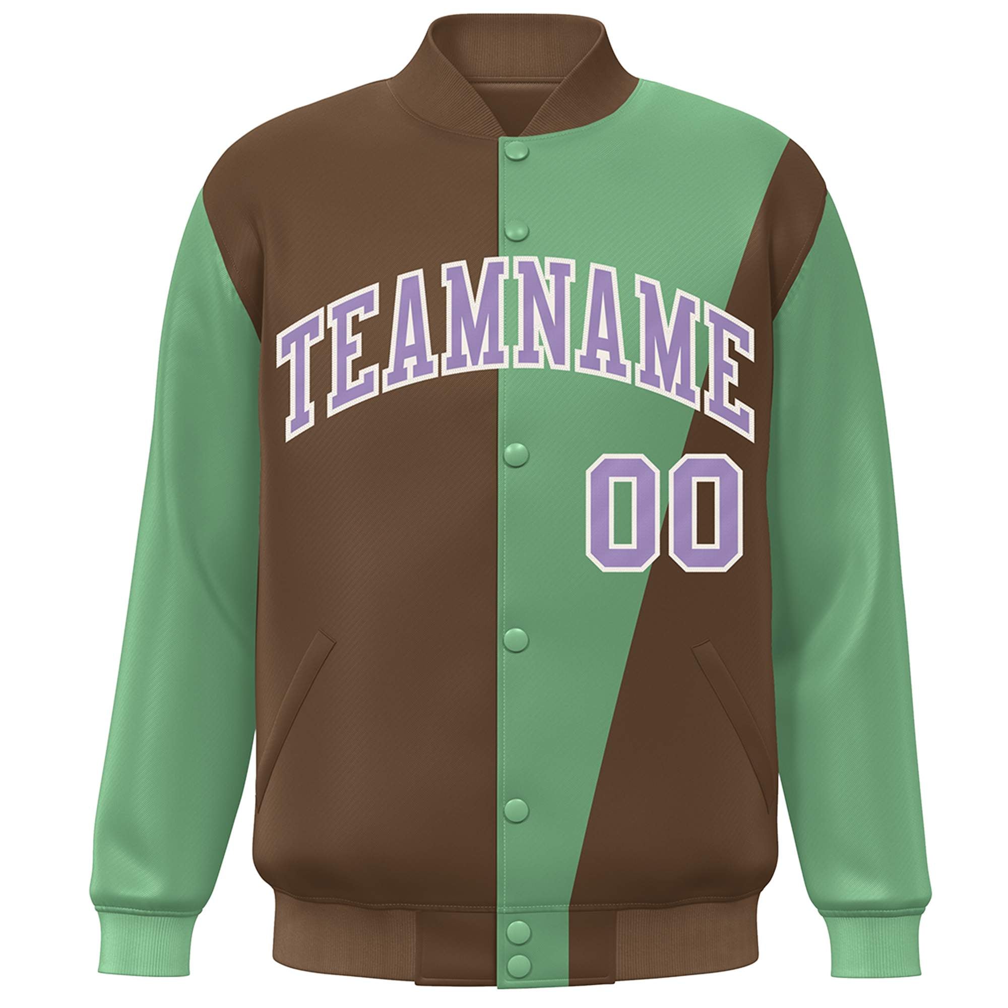 Custom Brown Green-Purple Color Block Varsity Full-Snap Bomber Jacket