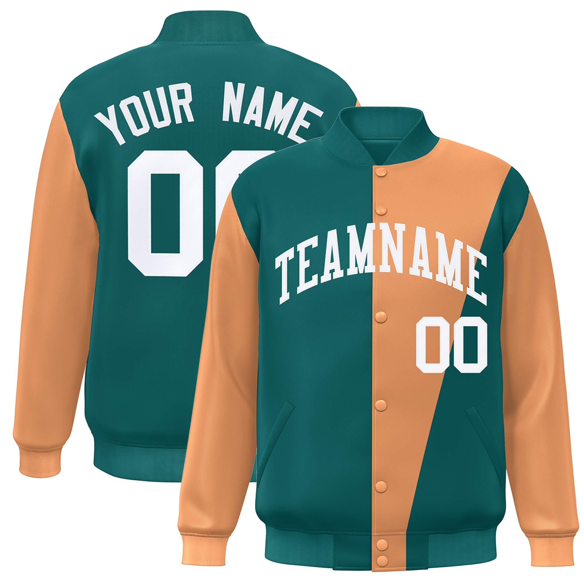 Custom Aqua Orange-White Color Block Varsity Full-Snap Bomber Jacket