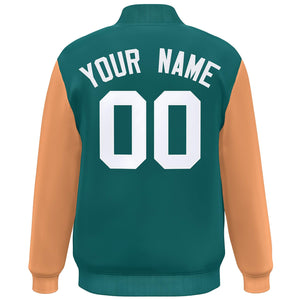 Custom Aqua Orange-White Color Block Varsity Full-Snap Bomber Jacket