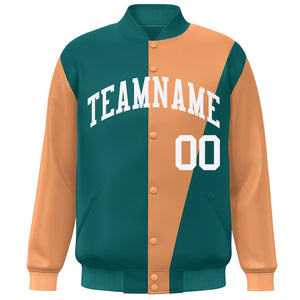 Custom Aqua Orange-White Color Block Varsity Full-Snap Bomber Jacket