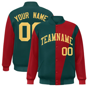 Custom Midnight Green Red-Khaki Color Block Varsity Full-Snap Bomber Jacket