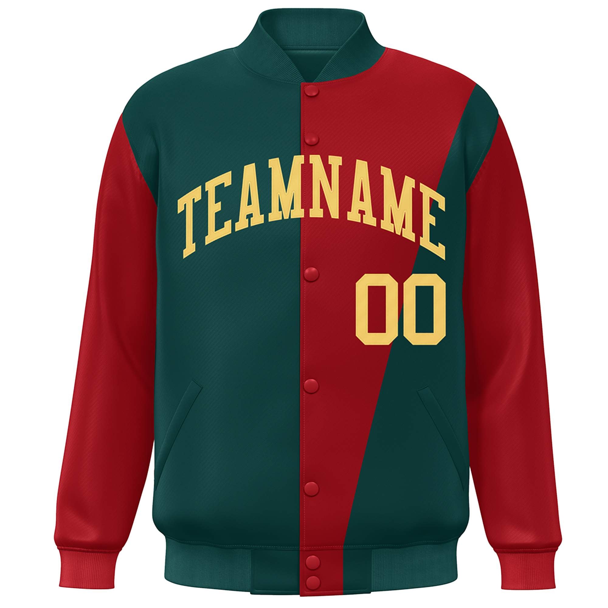 Custom Midnight Green Red-Khaki Color Block Varsity Full-Snap Bomber Jacket