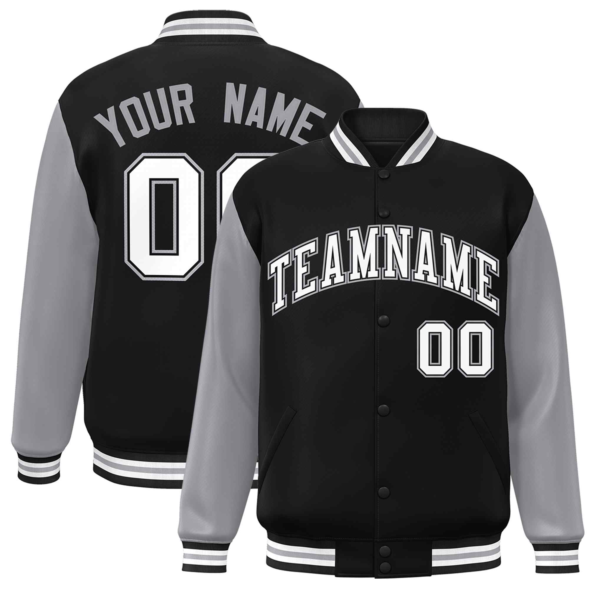 Custom Black White-Black Raglan Sleeves Varsity Full-Snap Letterman Jacket