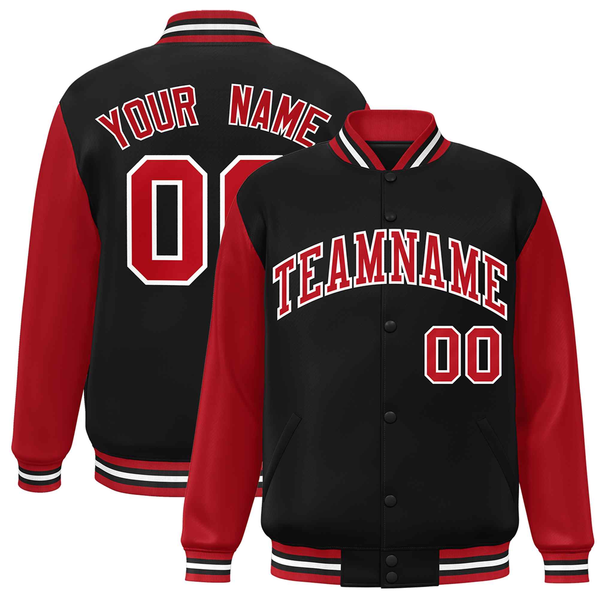 Veste Letterman Varsity Full-Snap à manches raglan personnalisées noir rouge-blanc