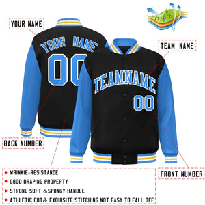 Custom Black Powder Blue-White Raglan Sleeves Varsity Full-Snap Letterman Jacket