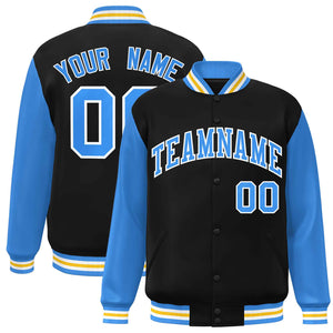 Custom Black Powder Blue-White Raglan Sleeves Varsity Full-Snap Letterman Jacket