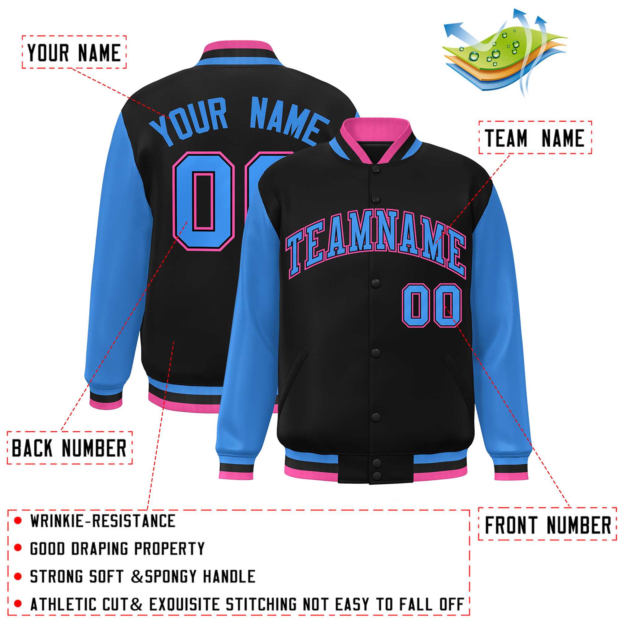 Custom Black Powder Blue-Black Raglan Sleeves Varsity Full-Snap Letterman Jacket