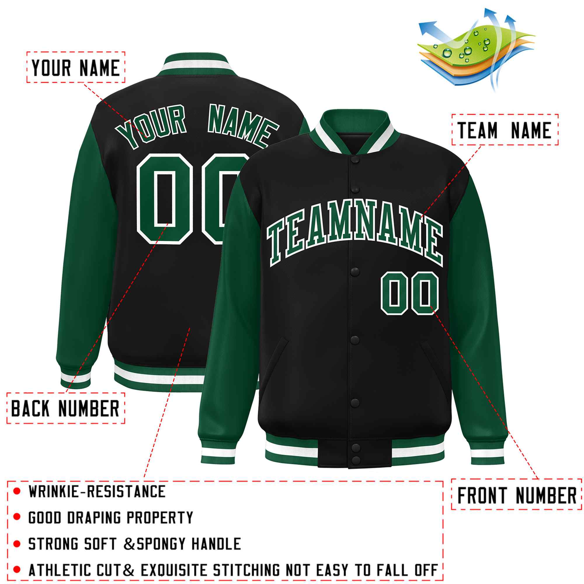 Veste Letterman Varsity Full-Snap à manches raglan personnalisées noir vert-blanc