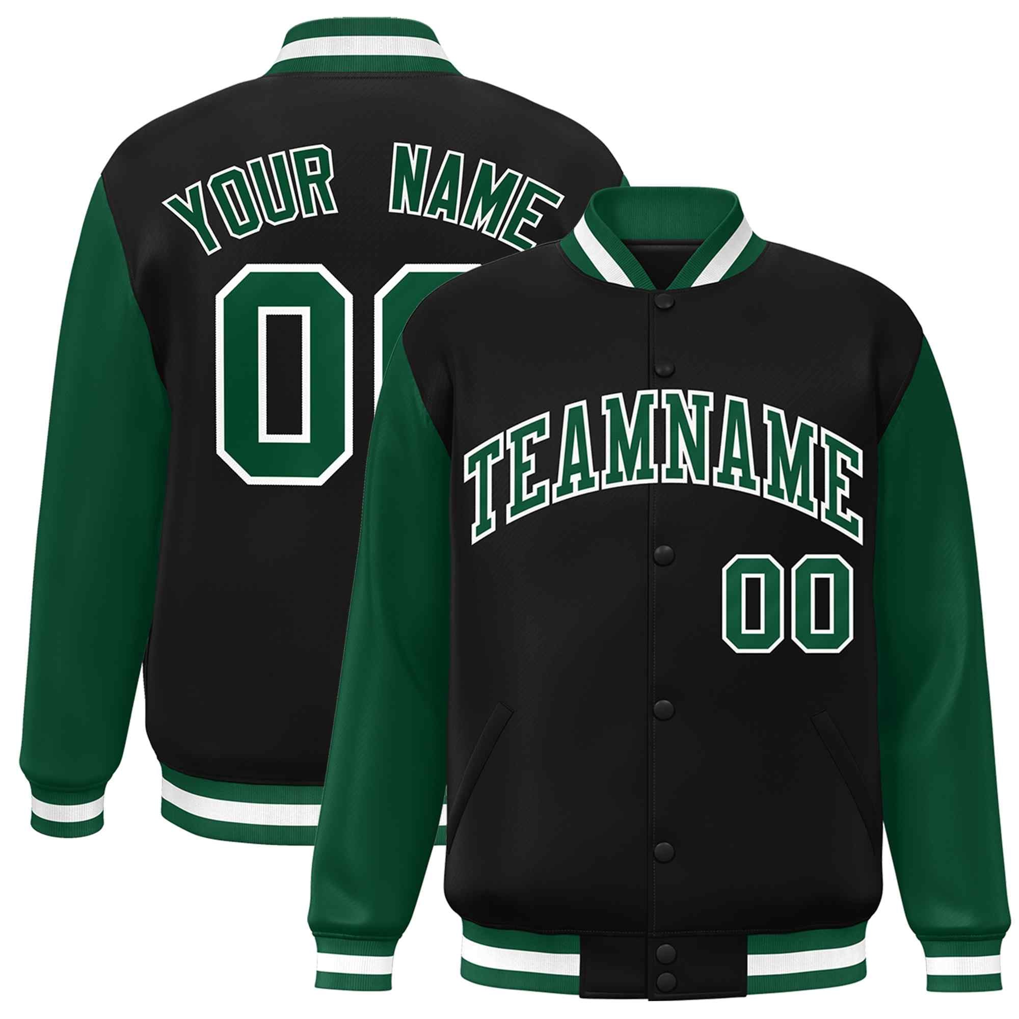 Veste Letterman Varsity Full-Snap à manches raglan personnalisées noir vert-blanc