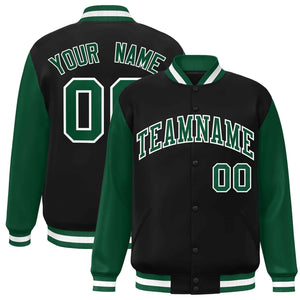 Custom Black Green-White Raglan Sleeves Varsity Full-Snap Letterman Jacket