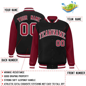 Custom Black Crimson-White Raglan Sleeves Varsity Full-Snap Letterman Jacket